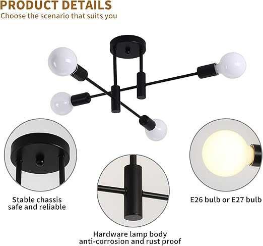 Nowoczesna lampa sufitowa JIINOO, 4-ramienny, industrialny