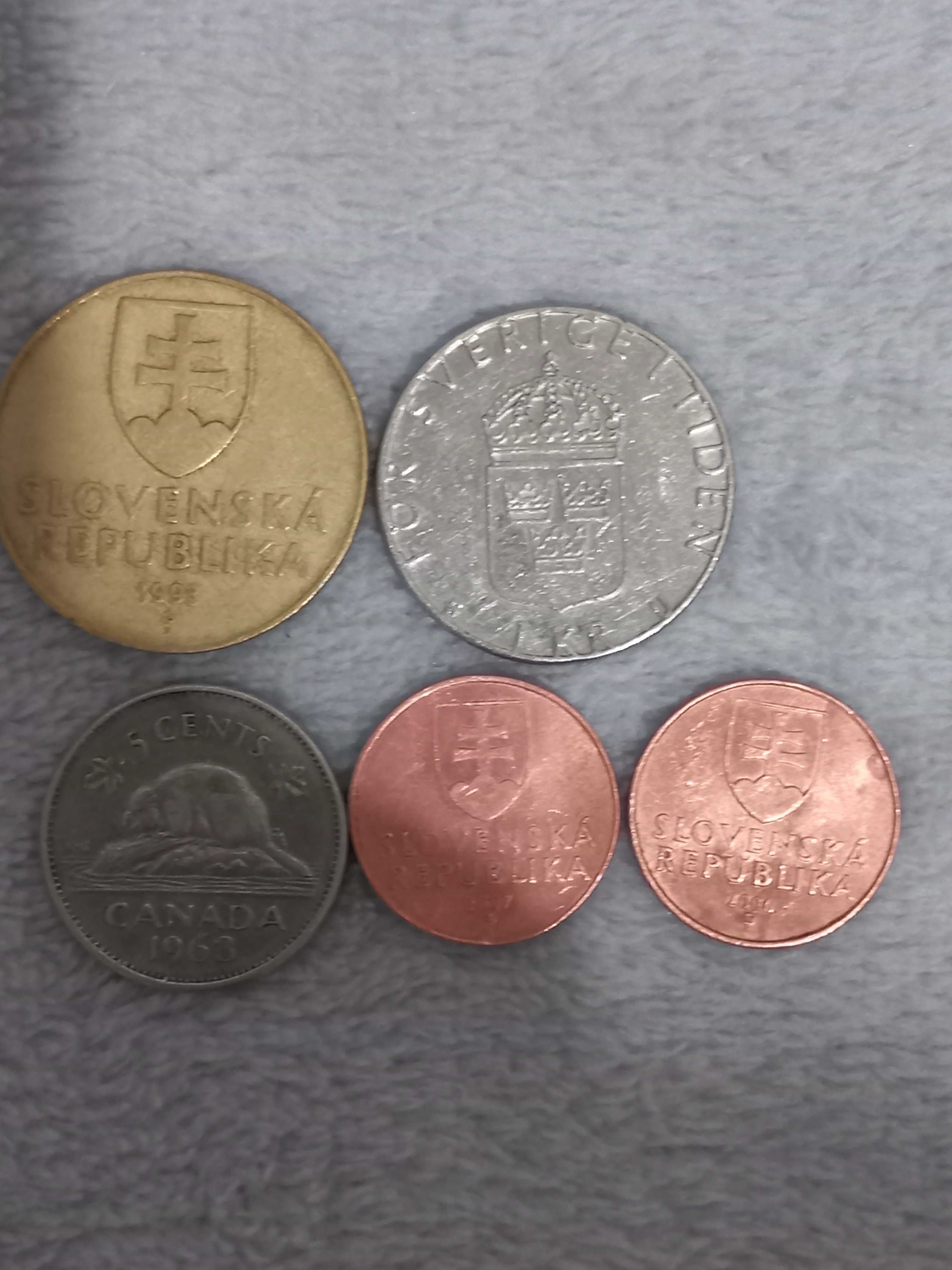 Monety 1 i 10 Koron, 50 Halerzy, 5 Centów