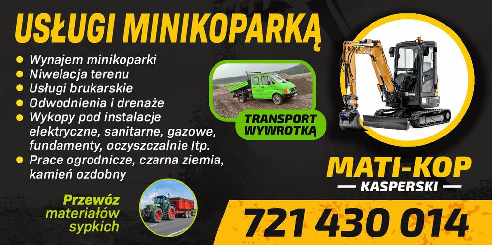 Usługi minikoparką, przyłącza wodno-kanalizacyjne, prace ziemne