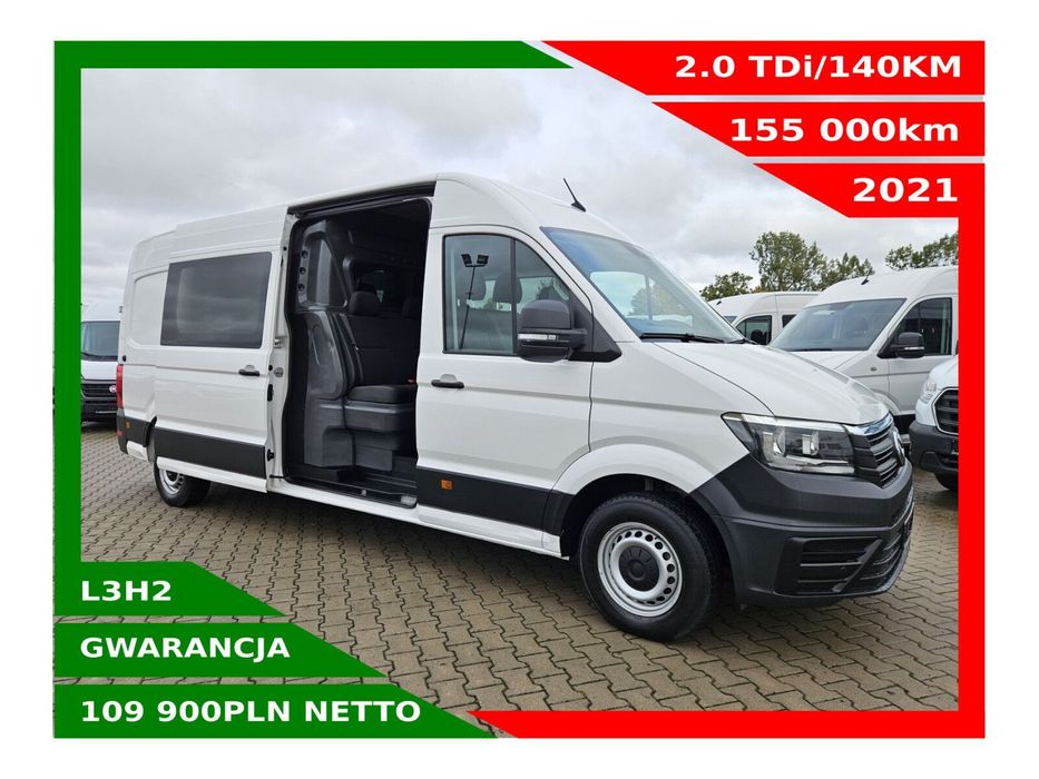 Volkswagen Crafter L3H2 *109900zł NETTO* Brygadówka 6 osób 2.0TDi/140KM  Duża nawi, AdroidAuto, Apple CarPlay Czujniki parkowania, Kamera