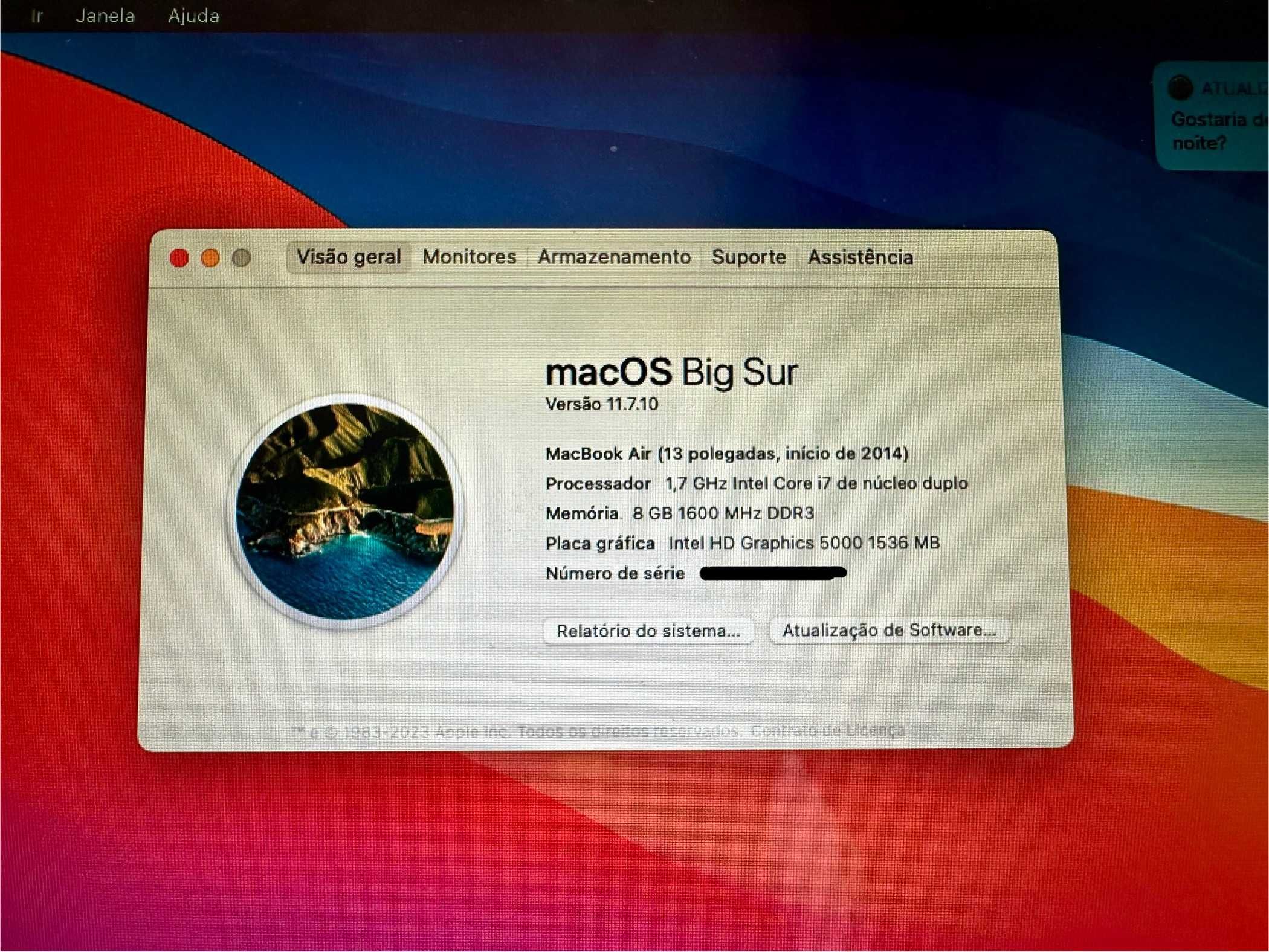 MacBook Air 13″ (Early 2014) – i7 1,7 GHz, 8 GB RAM, ótimo estado