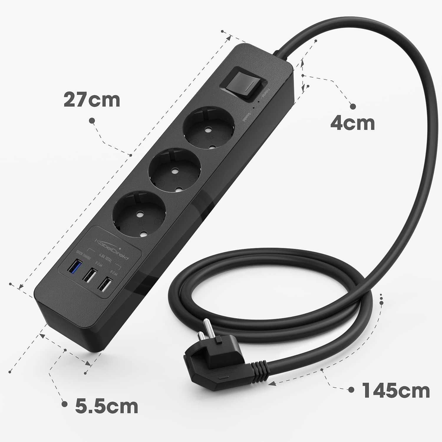 Listwa Zasilająca KABELDIREKT z 3 gniazdami 2 x USB-A, 1 x USB-C