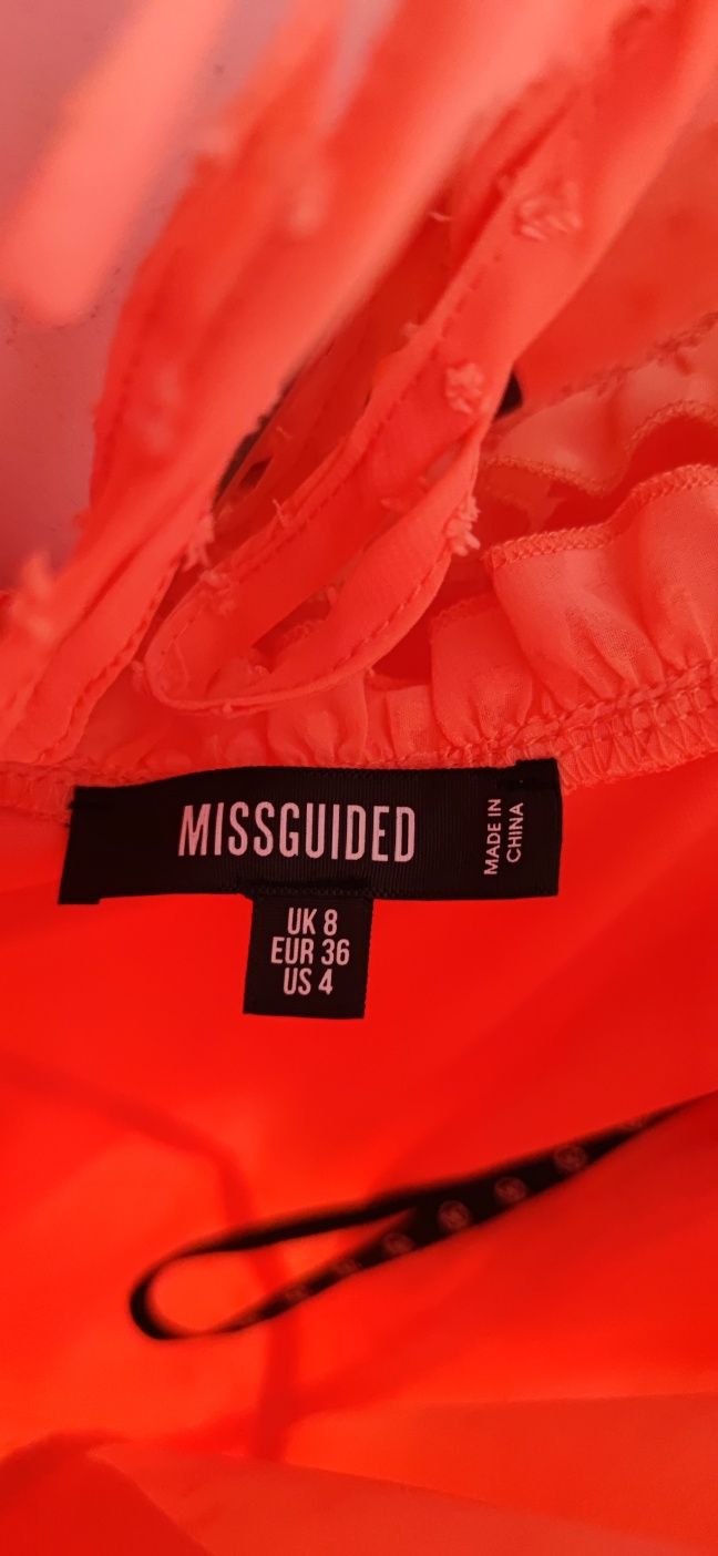 Sukienka łososiowa, rozkloszowana, rękawki, Missguided, 36