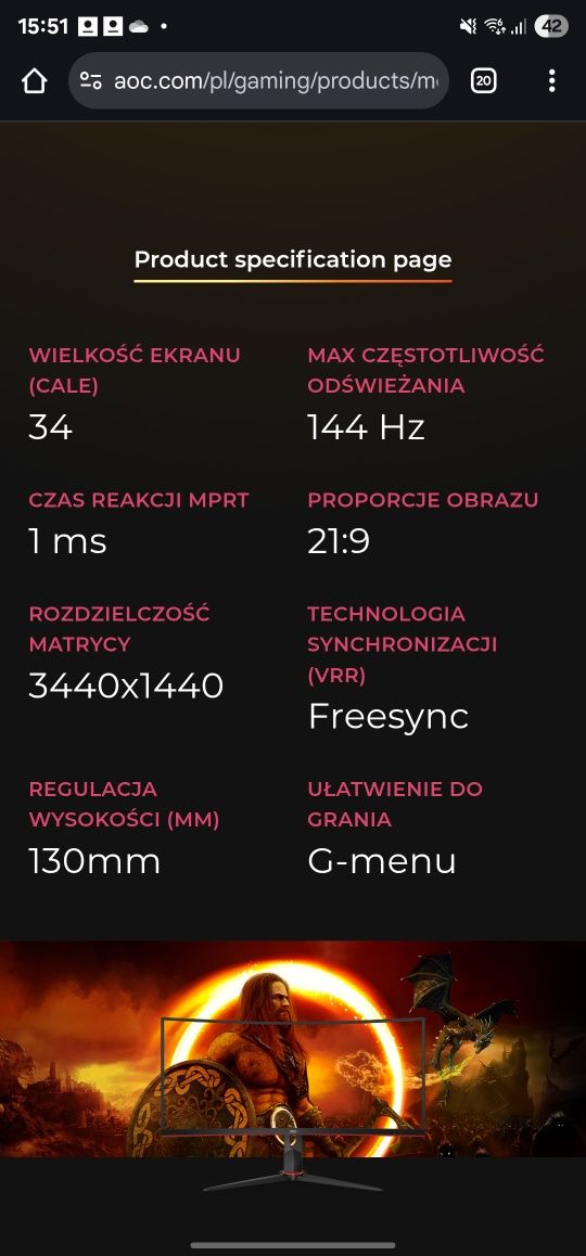 AOC CU34G2X/BK Gamingowy 144Hz, HDR, UWQHD, G-SYNC, FREESYNC Gwarancja