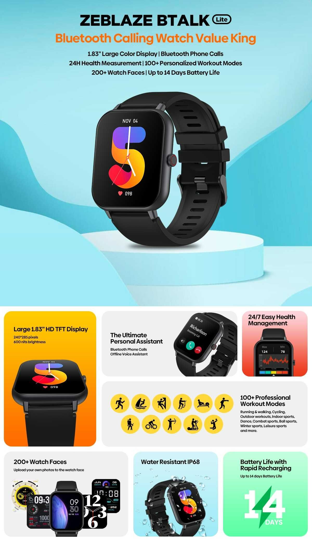 Zeblaze Btalk Lite połączenia głosowe, nowy folia Smartwatch