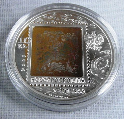 Srebrna moneta z hologramem 450 LAT POCZTY POLSKIEJ 10zł 2008 kapsel