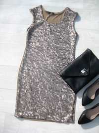 Блестящее облегающее бежевое платье с серебристыми пайетками Maner M L