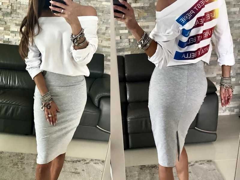 By o  la la spódnica szara tuba midi  + T-shirt zara M