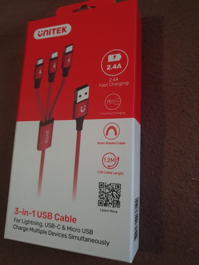 Kabel USB 3w1 Lightning, micro USB, USB-C 1,2m