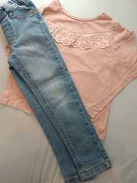 Bluzka h&m 110/116 z falbanką spodnie treningowe jeansowe zestaw mix k