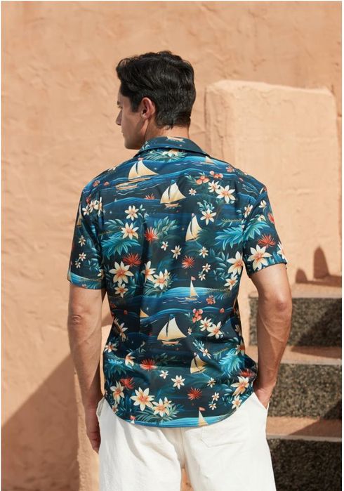 Męska koszula hawajska z krótkim rękawem,wzór żaglówki, rozm.S HISDERN