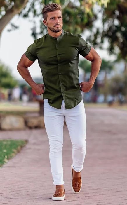 Koszula męska z krótkim rękawem, ciemna zieleń, rozmiar XL, URRU