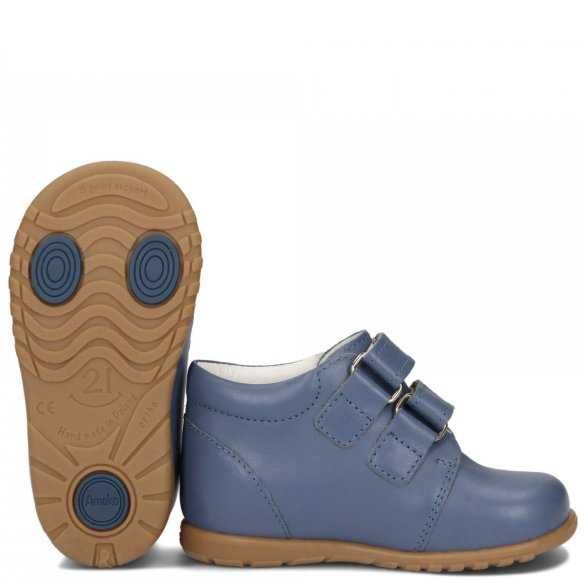 Niebieskie skórzane buciki dla chłopca profilowane na rzepy roz.23