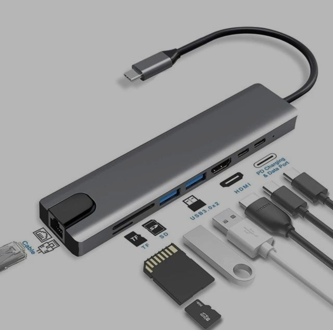 Usb хаб TypeC Hub концентратор RJ45 HDMI SD/TF 8 в 1 для MacBook