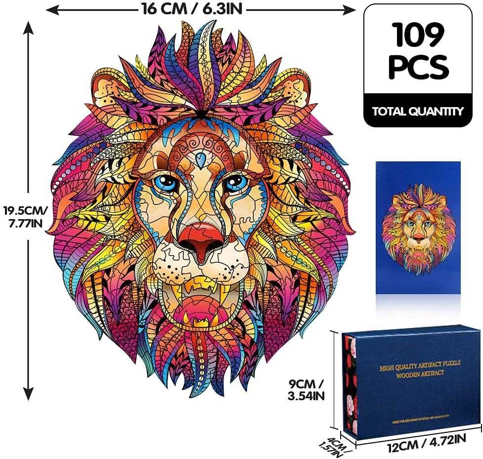Espectacular Puzzle Madeira, Leão colorido, formas de animais, novo