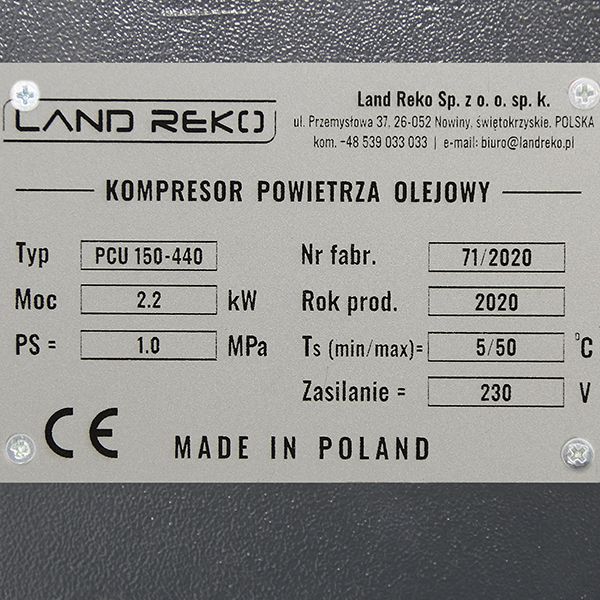Kompresor tłokowy Land Reko PCU 150l 440l/min 230V sprężarka