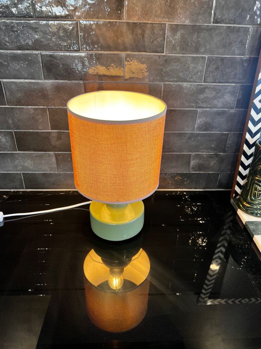 Lampa stołowa zielona, bambusowy klosz
