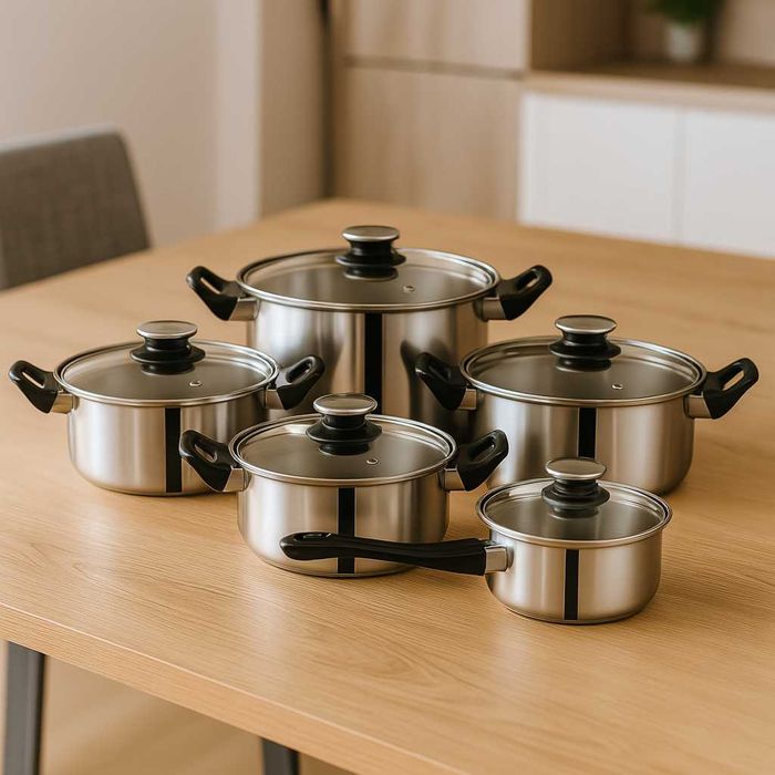 Nowy Komplet garnków ze stali nierdzewnej 12 el. + patelnia i pokrywki