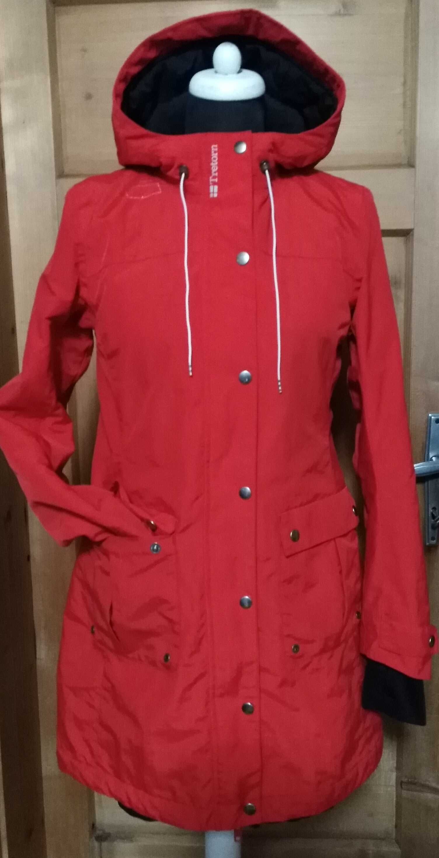 TRETORN parka/płaszcz lekko ocieplany czerwony kaptur kieszenie r.36 S