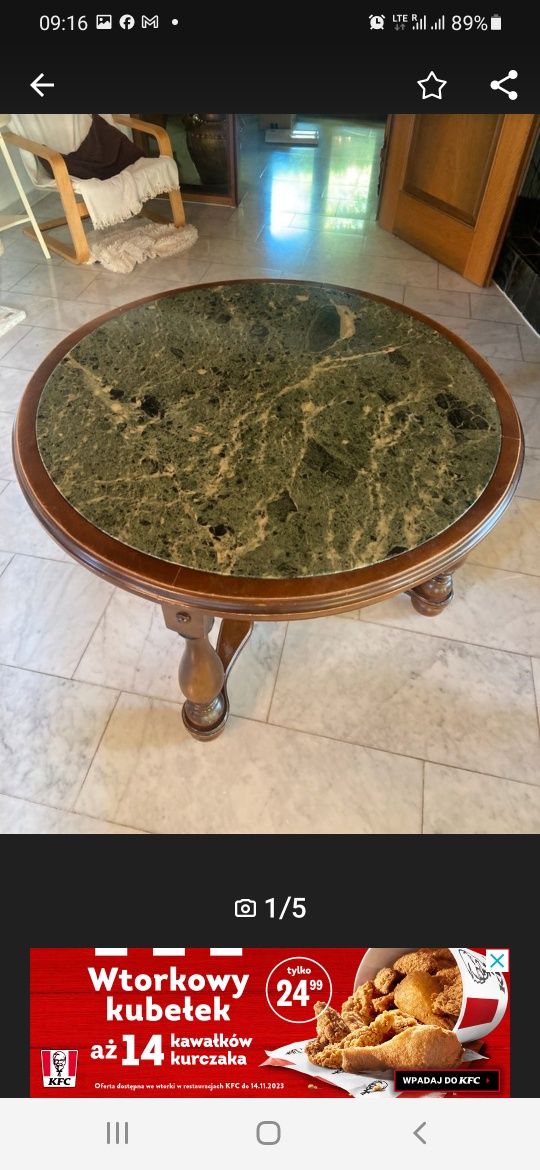 Stolik okrągły bukowy z blatem marmurowym