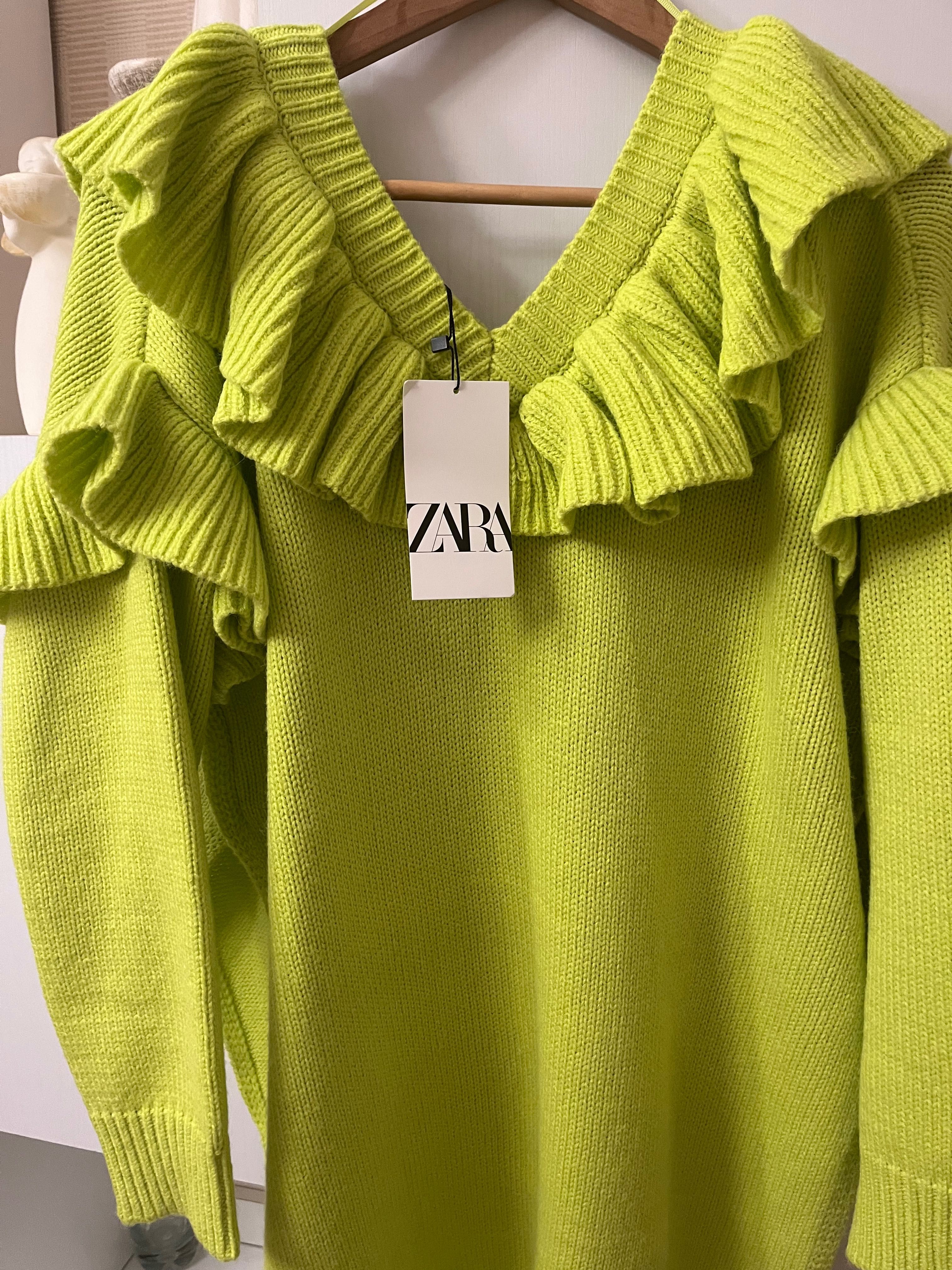 Sweter damski limonka z falbana Zara