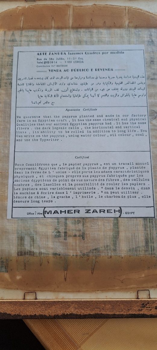 Pintura em papiro egípcio com certificado de autenticidade