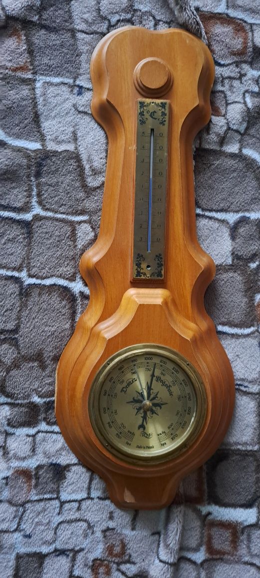 Barometr RM z termometrem, drewno,mosiądz,vintage