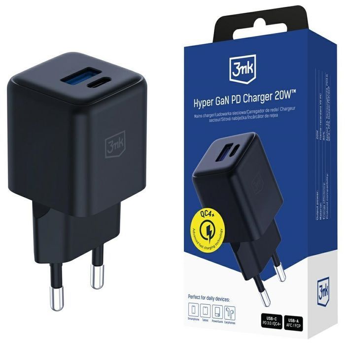Pd 3Mk Gan 20W Czarny Charger Qc4+ Sieciowa Ładowarka 1Xusb-A 1Xusb-C