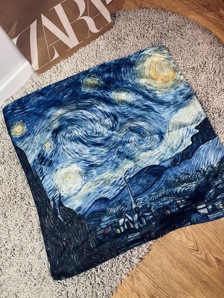 Niebieska granatowa apaszka jedwab 70% gwiezdzista noc van Gogh