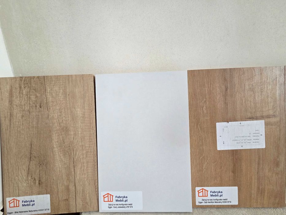 Próbki płyt meblowych Egger, m.in.Halifax, Hamilton,  Hikora, Nebraska