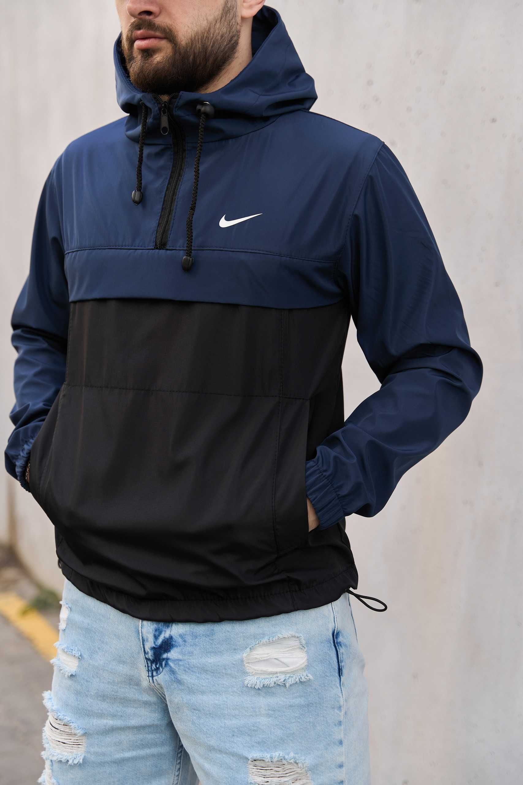 Анорак мужской весенний чёрный с синим ветровка Nike Найк