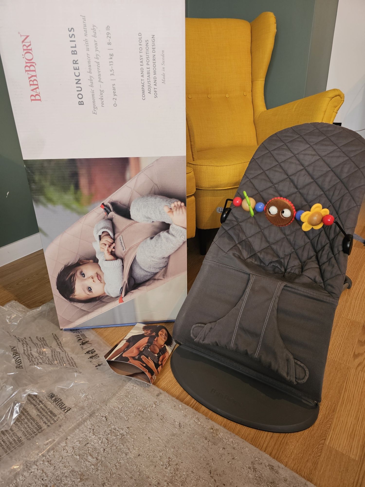 Leżaczek Babybjorn babybjörn bouncer bliss grzechotka szary fizjo comp