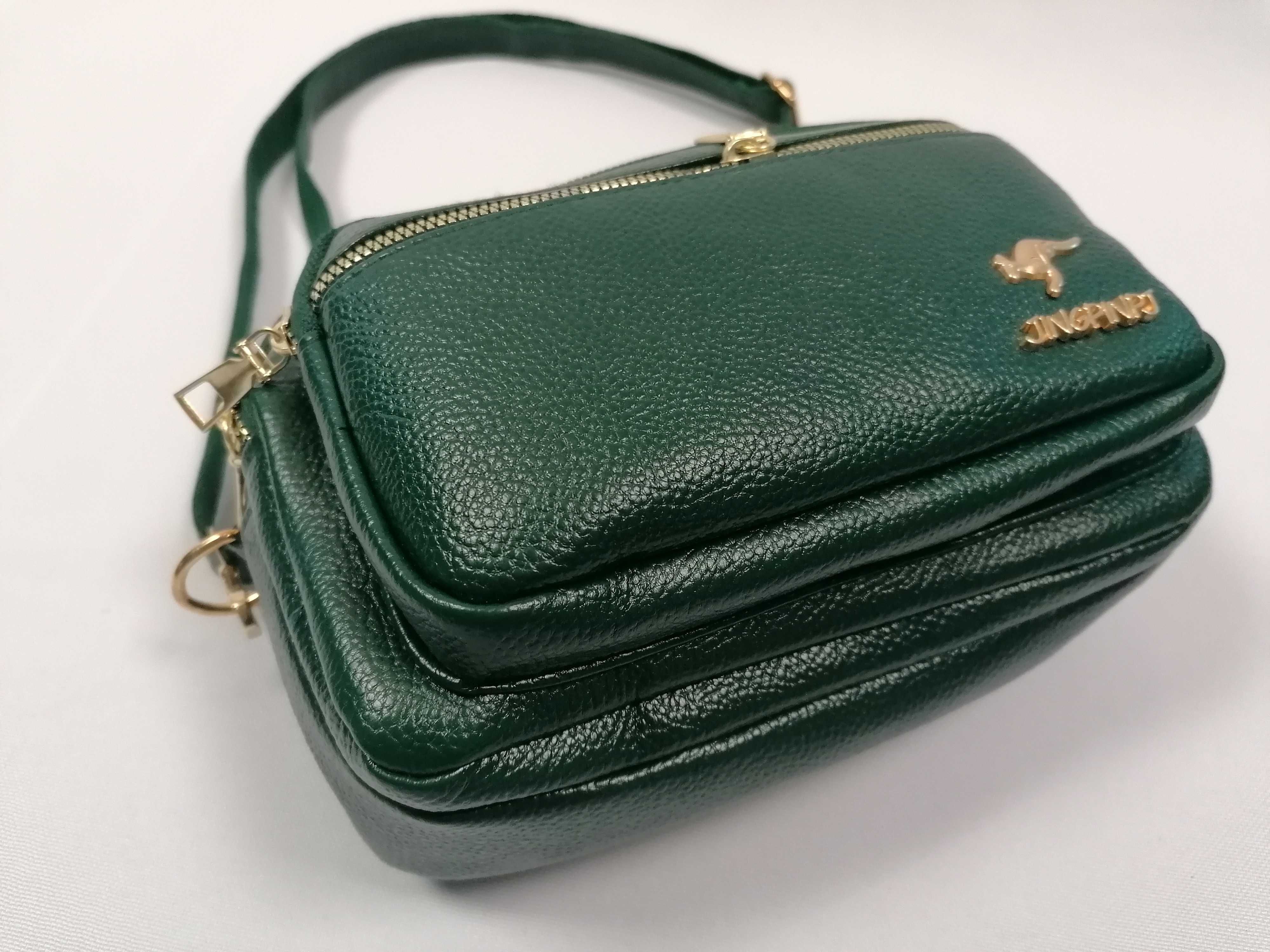 Torebka damska listonoszka crossbody butelkowa zieleń 4 komory Prezent