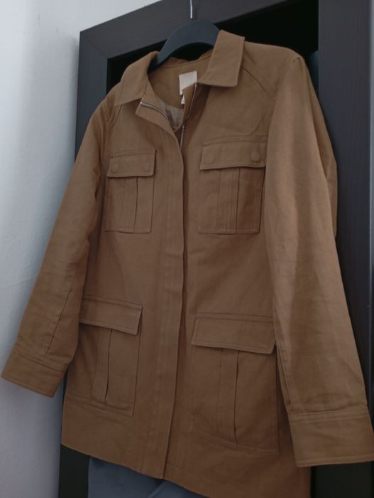 H&M S-M beżowy płaszcz trencz kurtka koszulowa z diagonalu