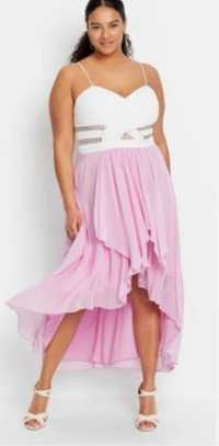 Sukienka asymetryczna szyfonowa różowo-biała 44 -46