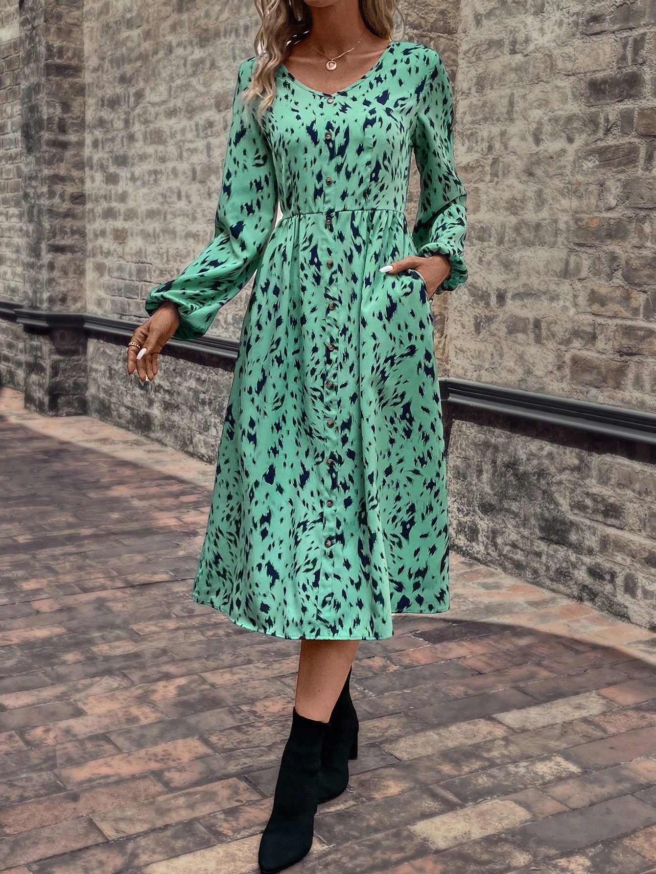 Sukienka Midi Z Bufiastymi Rękawami Zielona Casual Shein L 40
