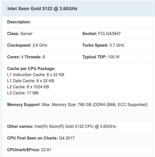 Процессор Intel Xeon Gold 5122  3.60GHz Turbo Speed: 3.7 GHz