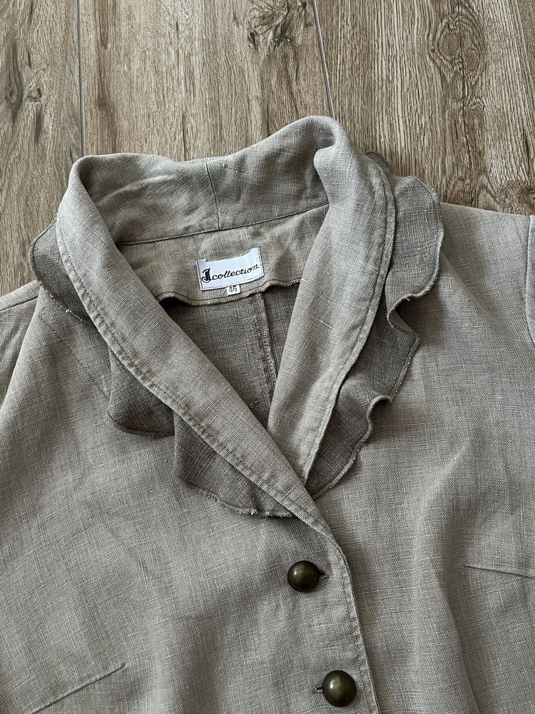 marynarka lniana z falbanką żakiet 100% len | Beżowa | 46/XXXL
