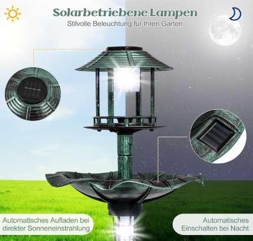 COSTWAY poidło dla ptaków z lampą solarną i karmnikiem retro 2w1