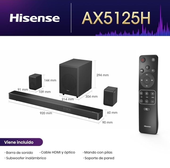 Hisense AX5125H 5.1.2 Sound Bar, 500W, Wireless Subwoofer