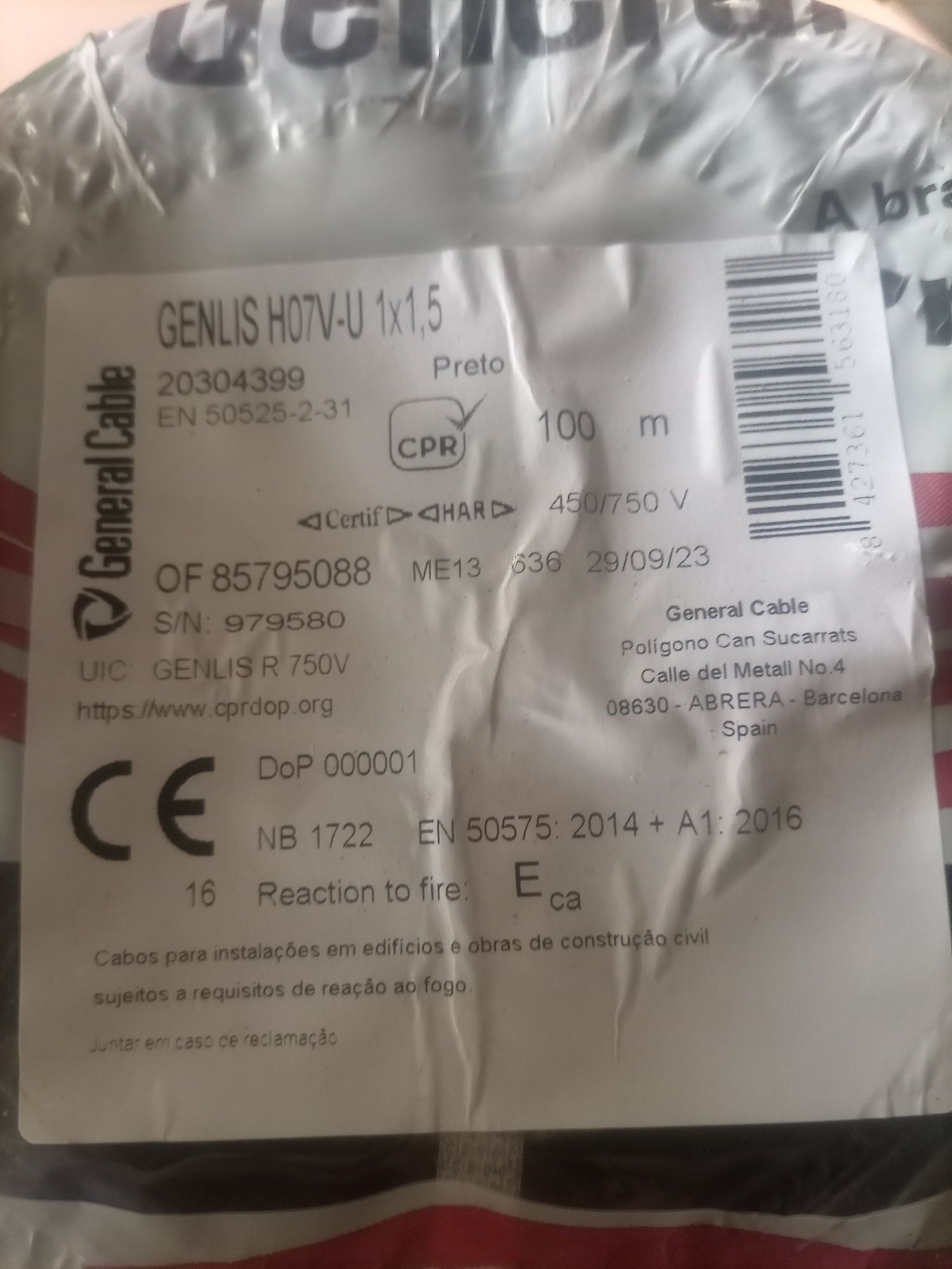 Bobines de 100 MT de fio 1,5/2,5