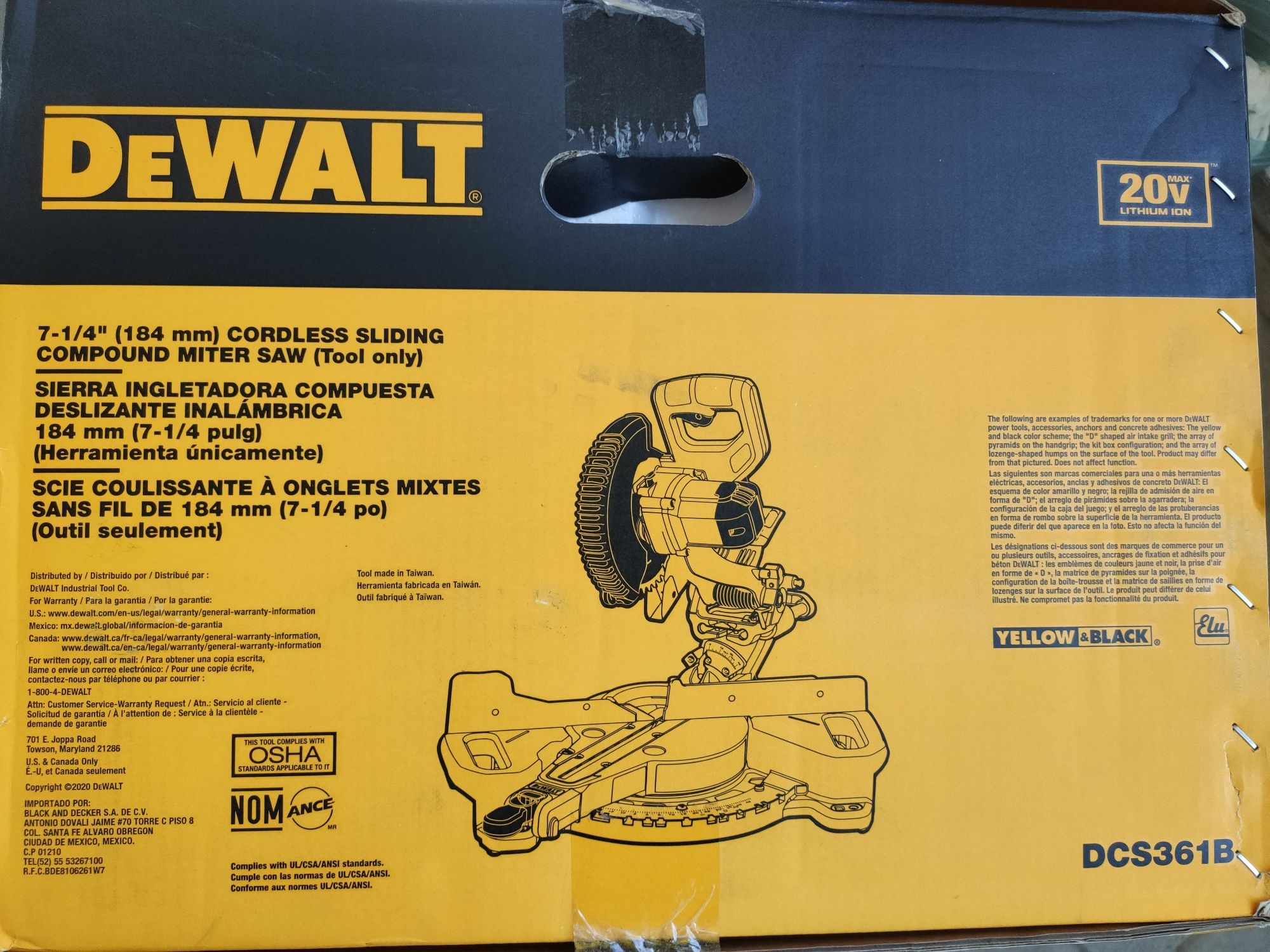 DeWALT DCS361b XR 20Vmax акумуляторна розсувна торцювальна пилка 184мм