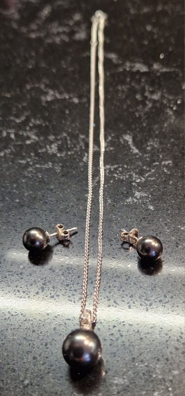Srebrny pr 925 zestaw z czarnymi/grafitowymi perłami oraz cyrkonie