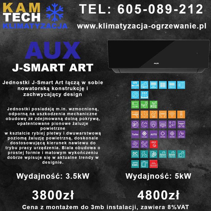 Klimatyzacja AUX J-Smart ART Czarny do ogrzewania 5 lat gwarancji 3900