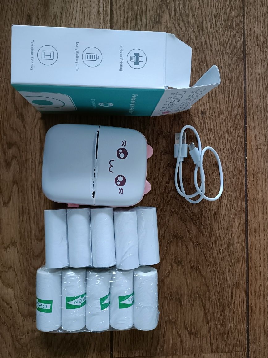 Drukotek drukarka mini termiczna do zdjęć etykiet + kabel USB kot róż