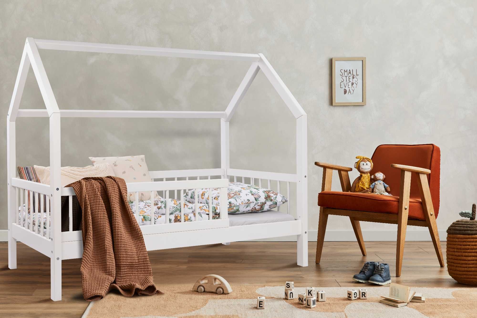 Łóżko dziecięce domek drewniane, styl skandynawski, białe lub szare