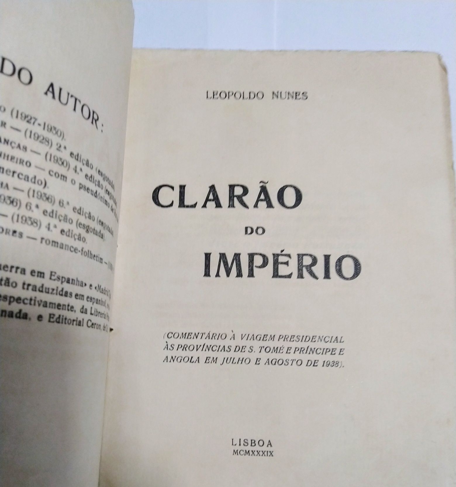 Livro, O Clarão do Império, Leopoldo Nunes, 1939.