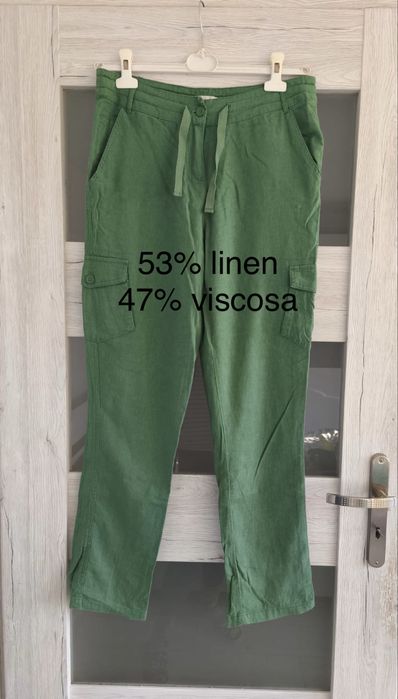 Zielone materiałowe spodnie bojówki len wiskoza