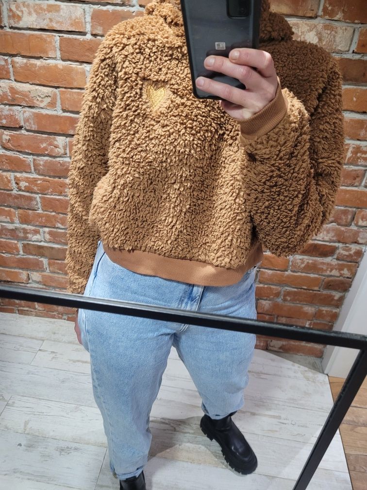 Bluza polarowa z kapturem oversize crop top sherpa Threadbare