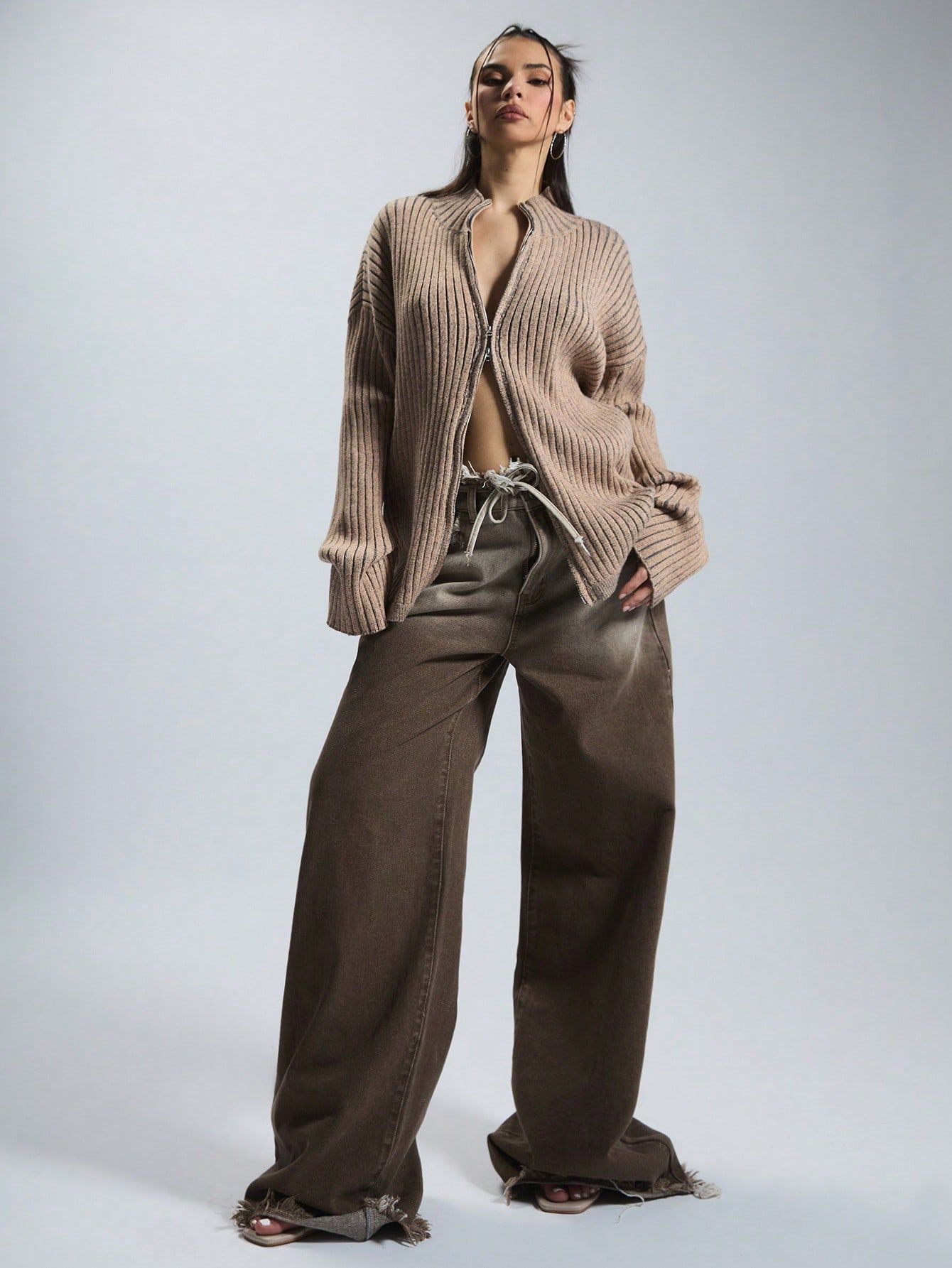 Kardigan Sweterek Rozpinany Se Stójką Brązowy Casual Musera Xs 34